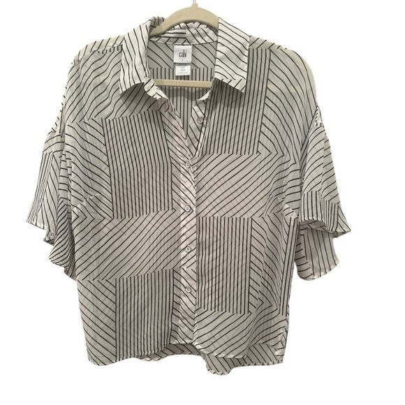 Cabi Parallel Button Down Black & White Striped Artsy Pattern - Sheer-Sz Small - Picture 1 of 13